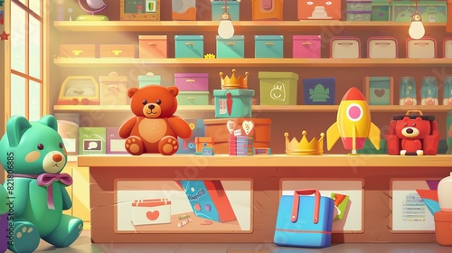 A toy shop interior with wooden counter table, shelves, and racks filled with bears, rockets, backpacks, books, crowns, and video games. photo