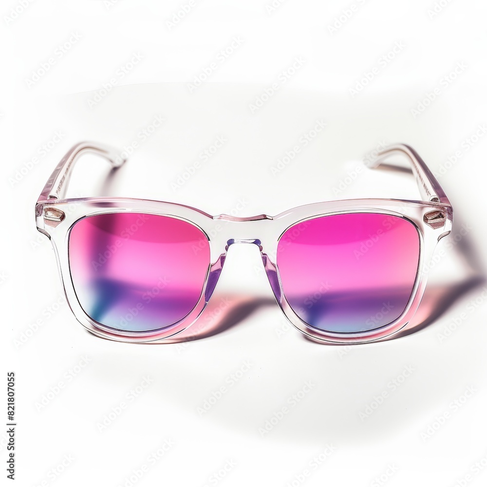 Clear Frame Sunglasses with Pink Lenses Isolated on White Background. Generative AI. Clear Frame Sunglasses with Pink Lenses Isolated on White Background. Generative AI.