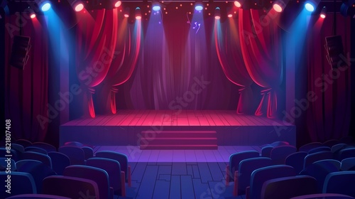 Decorative modern illustration of concert hall interior, wooden scene with velvet drapes illuminated with floodlights. Cartoon theater stage with red curtains, spotlights, and rows of empty seats.