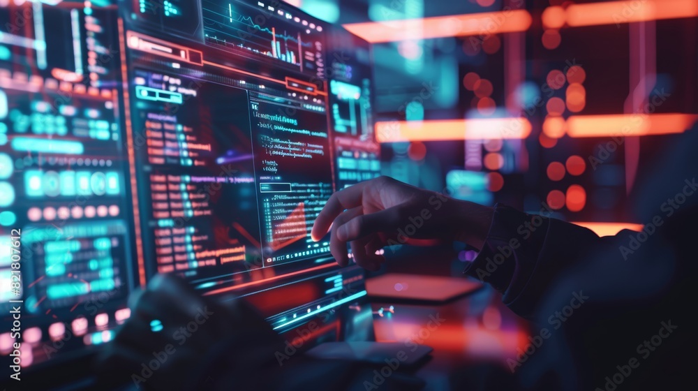 Close-up of a programmer working on computer code with multiple screens displaying colorful data in a high-tech environment. Close-up of a programmer working on computer code with multiple screens displaying colorful data in a high-tech environment.