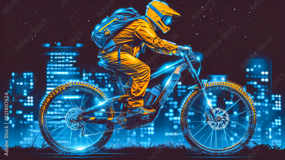 Fototapeta premium Neon night rider, urban cycling fantasy