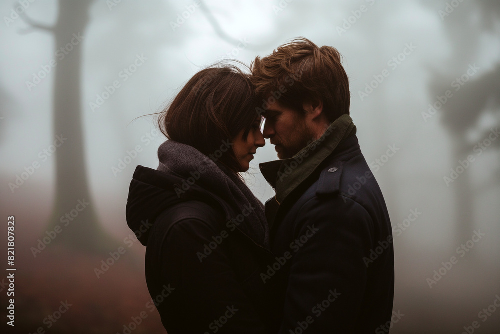 Couple in inner embrace in misty forest, autumn, mood, love Couple in inner embrace in misty forest, autumn, mood, love