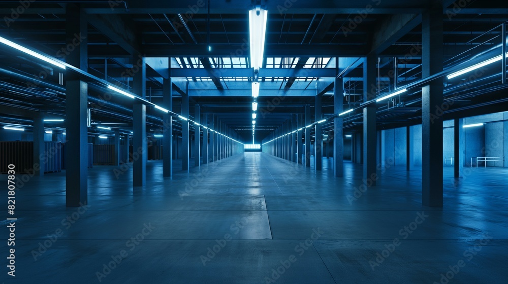 Fototapeta premium Empty Industrial Warehouse Interior with Blue Lighting and Long Aisles