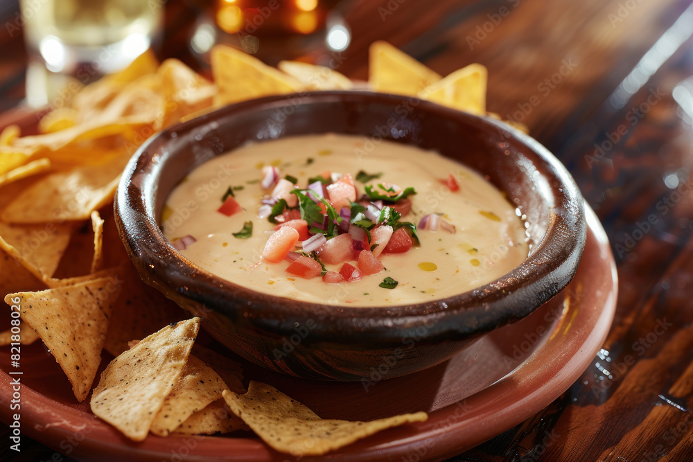 Creamy Cheese Dip in a Clay Bowl Served with Crispy Tortilla Chips Creamy Cheese Dip in a Clay Bowl Served with Crispy Tortilla Chips