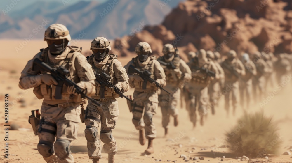 Single-file movement of fully equipped and armed soldiers in the desert. Single-file movement of fully equipped and armed soldiers in the desert.