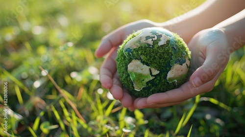 Child's hands holding a detailed globe in nature, symbolizing global conservation, climate change awareness, and environmental care.