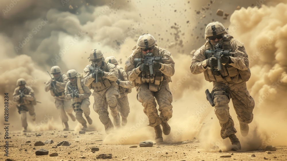 Close-up of a squad of soldiers attacking a desert enemy during a military operation. Close-up of a squad of soldiers attacking a desert enemy during a military operation.
