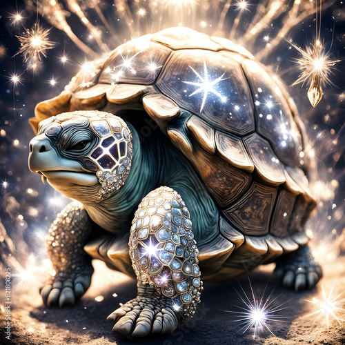 A majestic cute baby tortoise adorned with sparkling diamonds, its shell reflecting the light of a thousand stars.