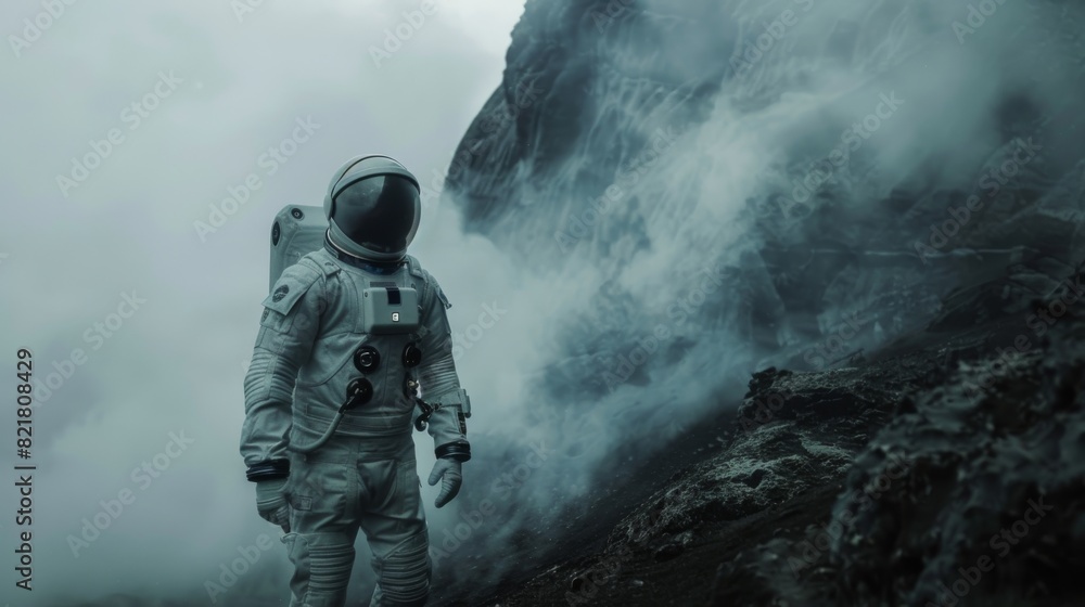 Space suit-clad astronaut explores mysterious alien planet covered in mist. Space travel, habitable world concept and colonization. Space suit-clad astronaut explores mysterious alien planet covered in mist. Space travel, habitable world concept and colonization.