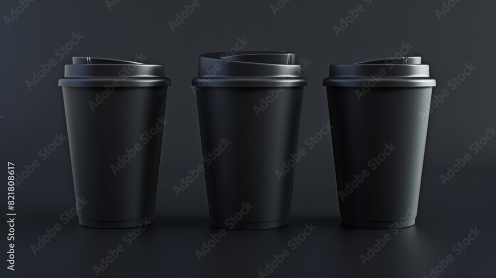 An isolated modern mockup of a 3D black coffee cup for takeaway or go cold latte drinks. The set includes a plastic lid cover and empty branding design. An isolated modern mockup of a 3D black coffee cup for takeaway or go cold latte drinks. The set includes a plastic lid cover and empty branding design.