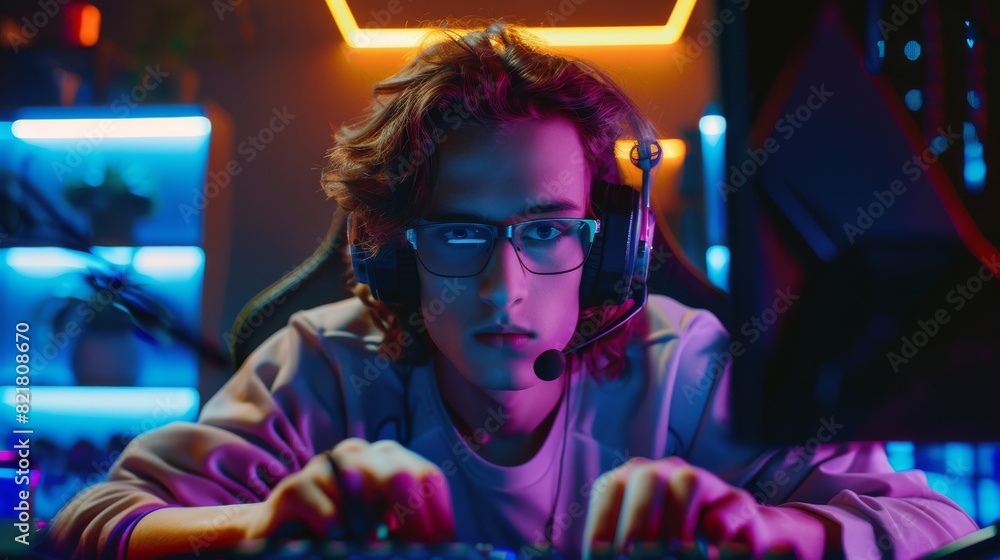 e-Sport Cyber Games Internet Championship Portrait of a Young Handsome Pro Gamer. Neon Colored Room. e-Sport Cyber Games Internet Championship Portrait of a Young Handsome Pro Gamer. Neon Colored Room.