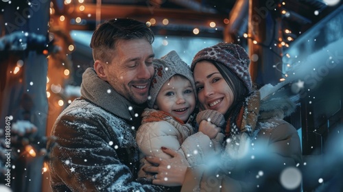 Father embraces his wife and holds her daughter in a happy family portrait in the falling snow. The locals enjoy a winter holiday in their picturesque house decorated with garlands in their backyard