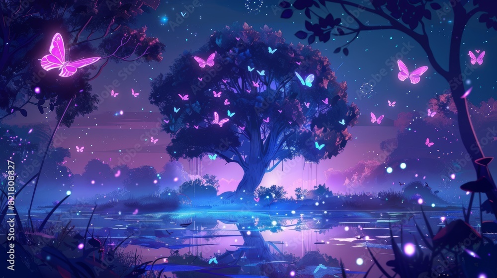 The lovely butterflies soar above the fairy tale lake in the night forest, while fireflies and flares shimmer in the air, and the neon blue tree glows in the dark. This is a modern cartoon The lovely butterflies soar above the fairy tale lake in the night forest, while fireflies and flares shimmer in the air, and the neon blue tree glows in the dark. This is a modern cartoon
