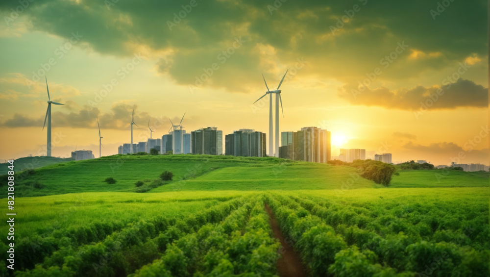 The modern building is set in a rich green area. sunset background.ai generative The modern building is set in a rich green area. sunset background.ai generative