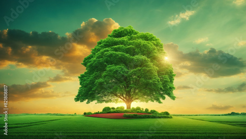 A large tree sits in a rich green area. sunset background.ai generative