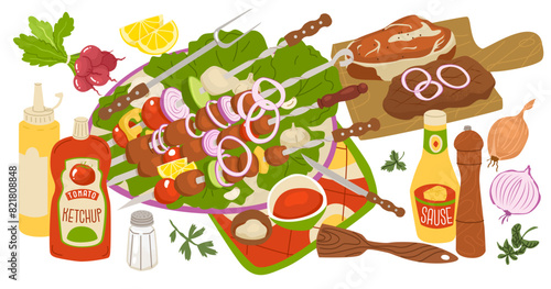 A large table is set for a picnic. Plate with meat and vegetables on skewers. Marinated steaks and sauces for an outdoor summer party. Vector illustration isolated on transparent background.