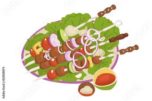 Table is set for a picnic. Plate with meat and vegetables on skewers. Marinated onion and sauces for an outdoor summer party. Vector illustration isolated on transparent background.
