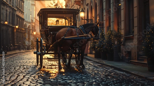 An elegant horse carriage waiting on a cobblestone street at sunset. 8k, realistic, full ultra HD, high resolution and cinematic photography © MuhammadAbdullah