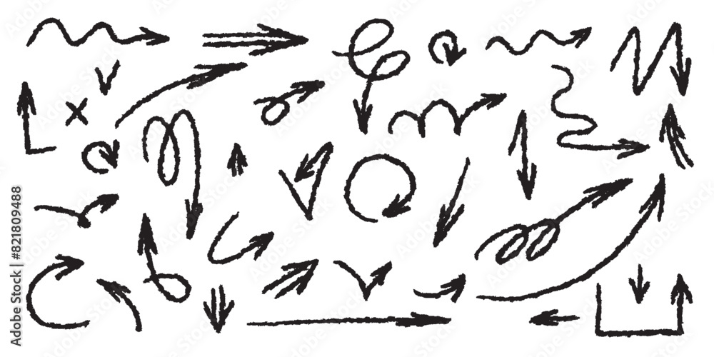 Grunge arrows set vector icons. Various curved lines and arrows are drawn by hand on the side on a white background. Doodle marker drawing, black chalk strokes. Direction indicators. Grunge arrows set vector icons. Various curved lines and arrows are drawn by hand on the side on a white background. Doodle marker drawing, black chalk strokes. Direction indicators.