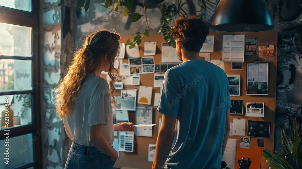 The Image shows a young, creative man and woman putting together a mood board for a future motion video on a wall of their cool office loft. Images represent future motion video. Colleagues are