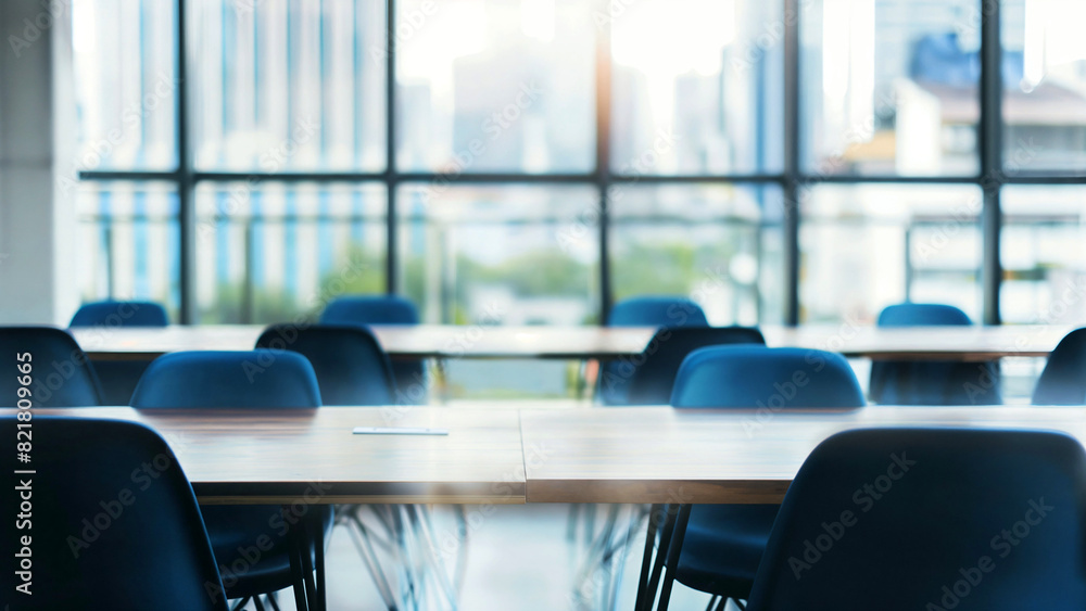 Interior of urban business conference room or university classroom with blue chairs, empty tables and bright lighting Interior of urban business conference room or university classroom with blue chairs, empty tables and bright lighting