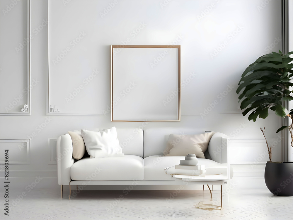 Fototapeta premium Frame mockup in modern interior room, living room gallery wall mockup, poster mockup, 3d render