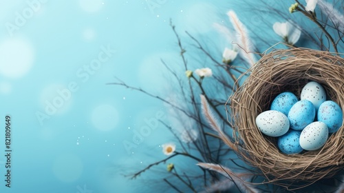 Blue and white Easter eggs in a nest made of twigs on a blue background. photo