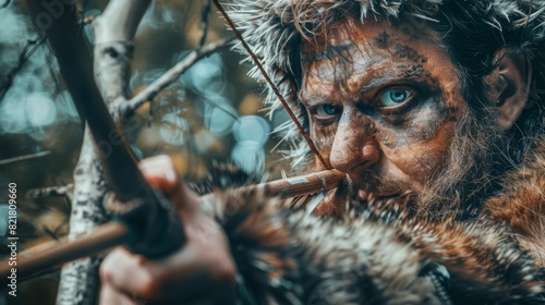 Primitive Caveman Wears Animal Skin and Fur Hunting with a Stone Tipped Spear in the Prehistoric Forest. Prehistoric Neanderthal Hunter Ready to Throw Spear in the Jungle. photo