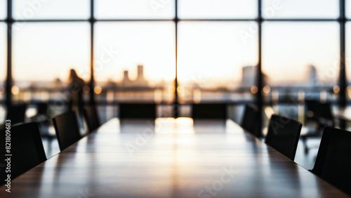 Symmetrical empty boardroom table at dawn, Corporate meeting room with soft focus background, Silhouette office chairs and urban windows