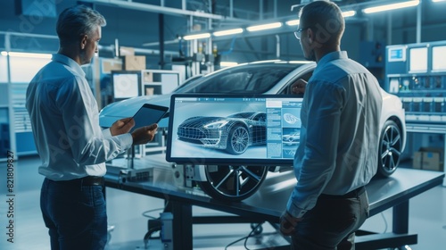 The project manager and chief mechanical engineer talk to the camera, show a 3D electric car model using CAD software on a digital tablet computer. It is the high tech facility with CNC machines that