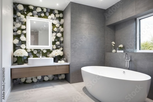 Modern White And Grey Bathroom Design With Floral Wall Design