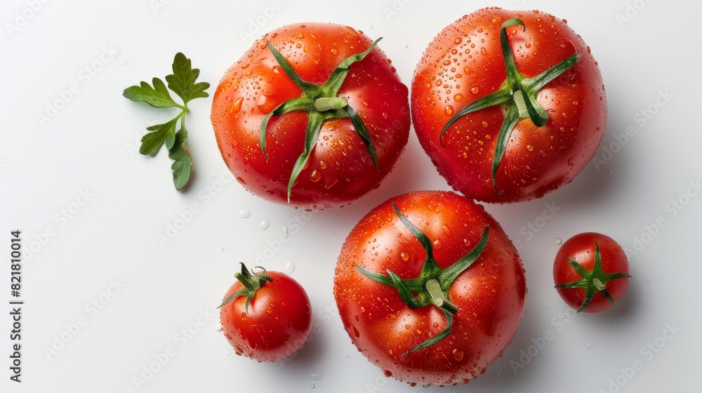 Fototapeta premium freh organic ripe tomatoes on branch, top view with copy space