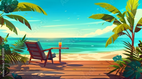 This modern illustration illustrates a wooden patio in a bungalow house with an armchair and a cocktail glass at the table  palm tree leaves  sand  and blue ocean water.