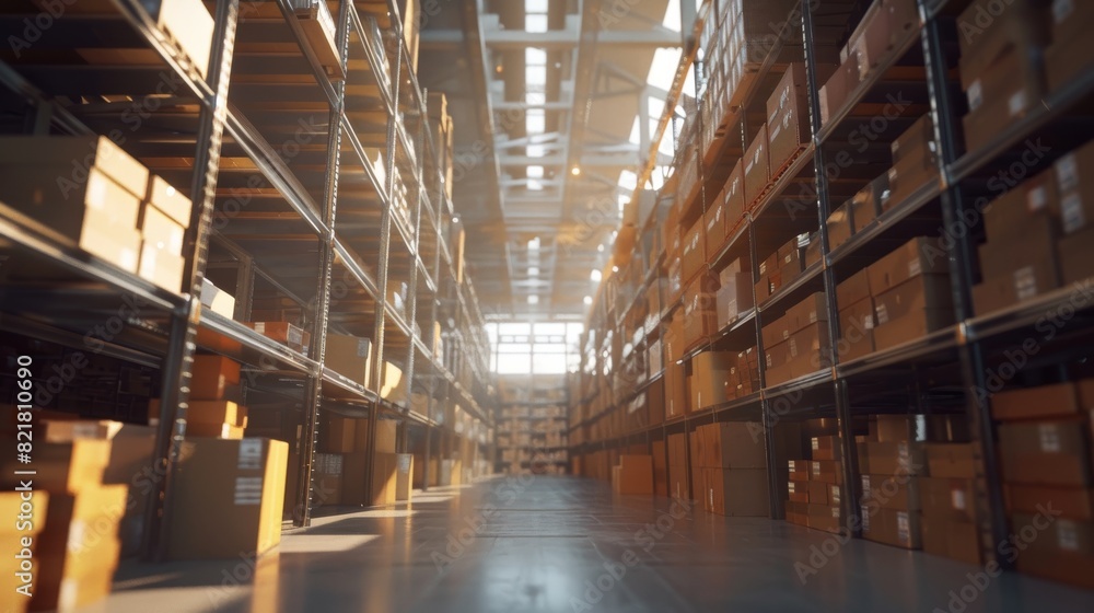 Typical Sunny Retail Warehouse filled with Racks of Goods in Cardboard Boxes. Logistics and Distribution Center for further product delivery. Semi-Side View.