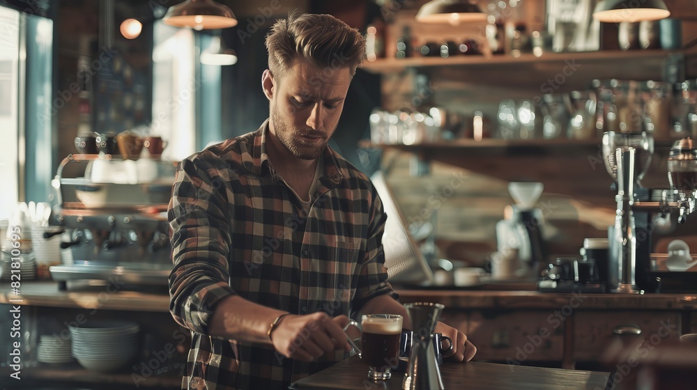 Male Barista in Checkered Shirt Serving a Customer in a Coffee Shop Bar. Beautiful Caucasian Female Cashier Working at a Cozy Loft-Style Cafe Counter in the Background.