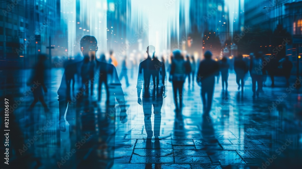 Abstract urban scene with a silhouette of a person standing amidst a crowd, illuminated by blue lights, capturing a sense of mystery.