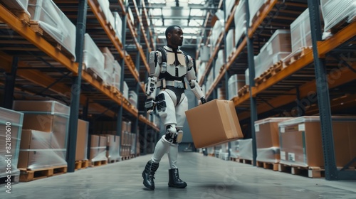 Workers in futuristic warehouse wearing full body powered exoskeletons walk with heavy cardboard boxes. The exosuit maximizes human strength. Low angle portrait shot.