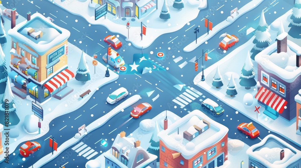 A cartoon winter scene depicting a city street intersection with cars driving along the road, traffic lights and signs, sidewalks, and multi-story buildings with shops. A snow-covered urban street A cartoon winter scene depicting a city street intersection with cars driving along the road, traffic lights and signs, sidewalks, and multi-story buildings with shops. A snow-covered urban street