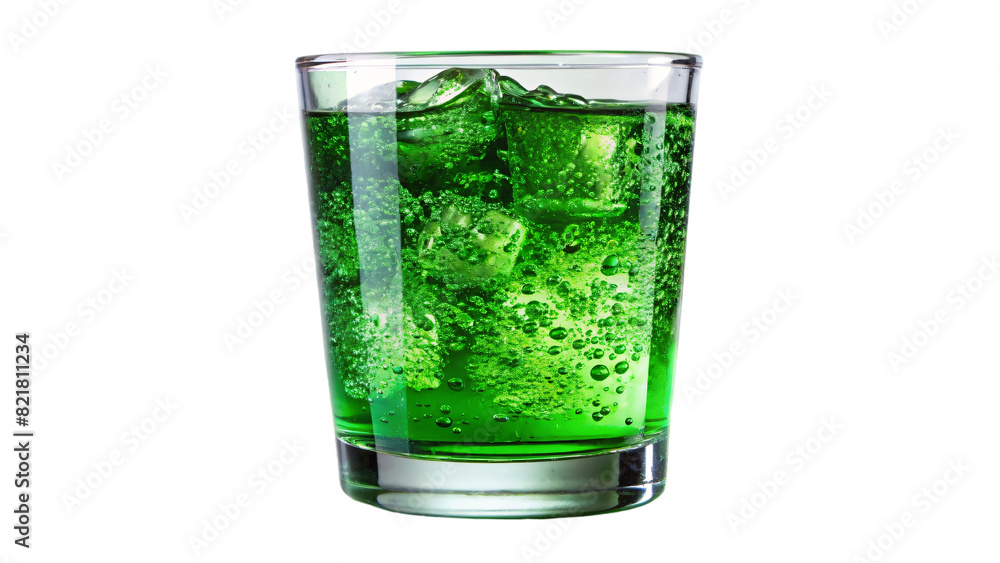 A clear glass filled with green soda with ice cubes floating inside A clear glass filled with green soda with ice cubes floating inside