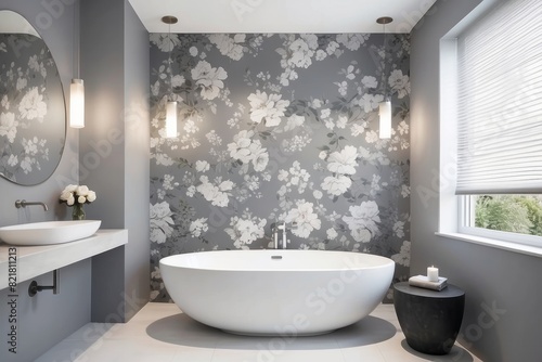 Modern White And Grey Bathroom Design With Floral Wall Design