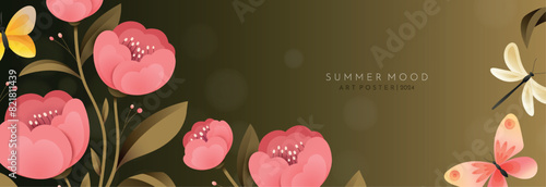 Bright banner with pink flowers, butterflies and dragonfly. Pink buds, bright butterflies, horizontal vintage background. Summer illustration for banner, poster, advertising or flyer.