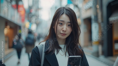 This is a portrait of a confident Japanese woman using her smartphone on an urban street. She is a manager in a big city that connects with people online, messages and browses the internet on her