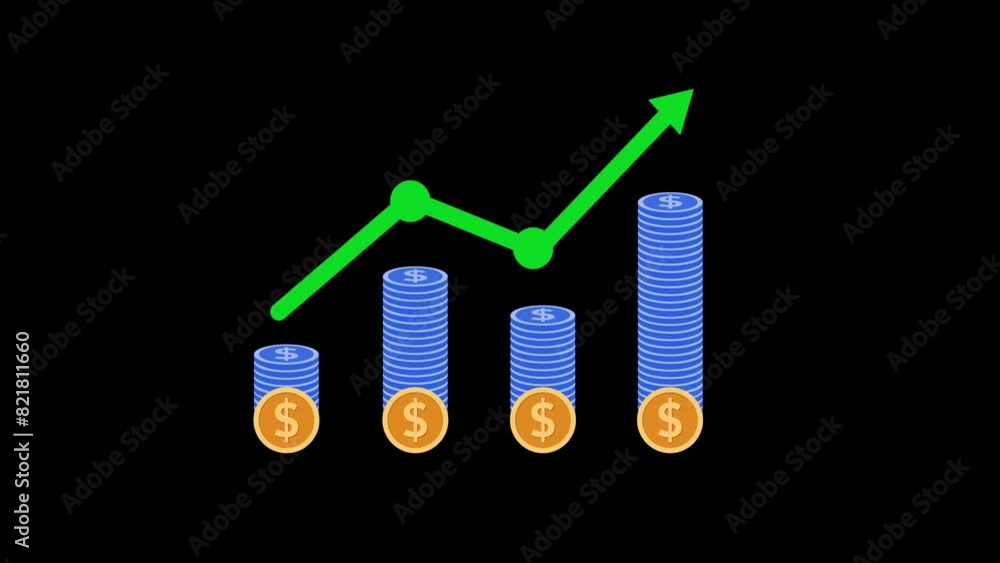 Dollar coin graph chart bar animation blue black background, business ...