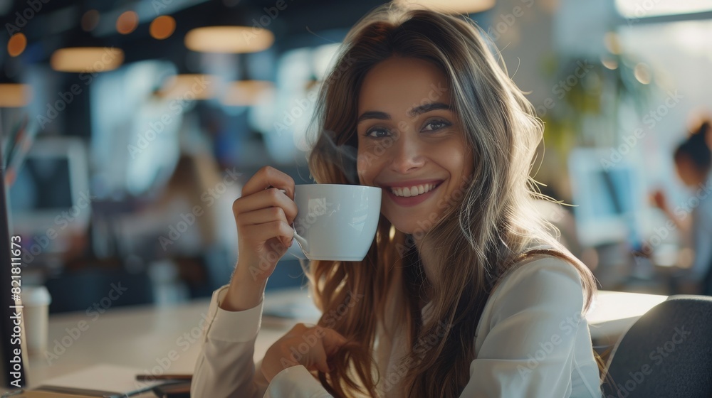 A young businesswoman using a computer in a modern office with colleagues. A beautiful, stylish manager is working on financial and marketing projects while drinking tea or coffee. A young businesswoman using a computer in a modern office with colleagues. A beautiful, stylish manager is working on financial and marketing projects while drinking tea or coffee.