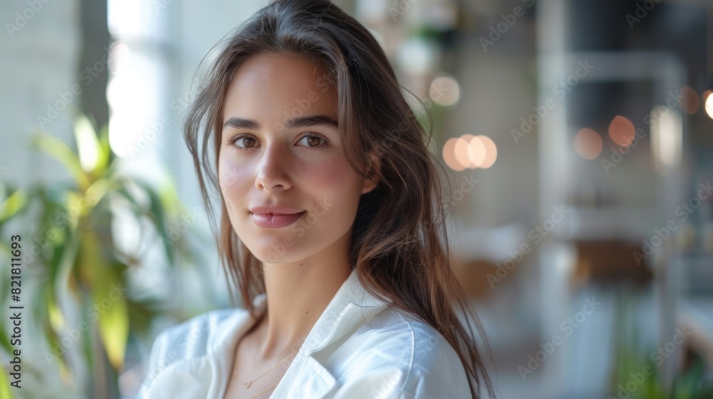 The image shows a beautiful brunette woman with brown eyes working in an office of a diversified company wearing an elegant white jacket, smiling and posing for the camera. The image shows a beautiful brunette woman with brown eyes working in an office of a diversified company wearing an elegant white jacket, smiling and posing for the camera.