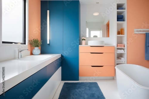 Peach And Blue Modern Bathroom Design With White Bathroom Cabinet