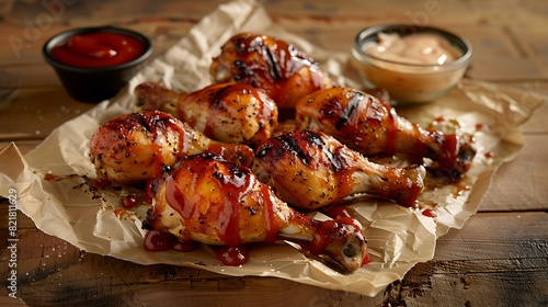 Succulent roasted chicken drumsticks on parchment paper, garnished with ketchup and mayonnaise dips