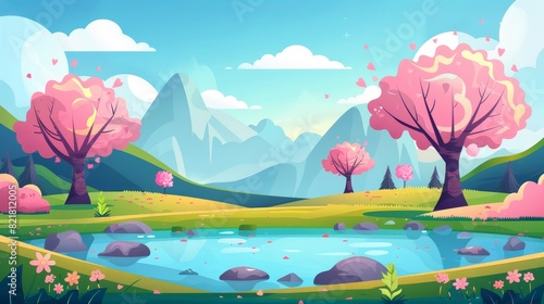 Spring cartoon landscape with pink flowering trees on shore of lake under blue sky and clouds. Cherry or Sakura flower near pond and hills in a spring landscape.