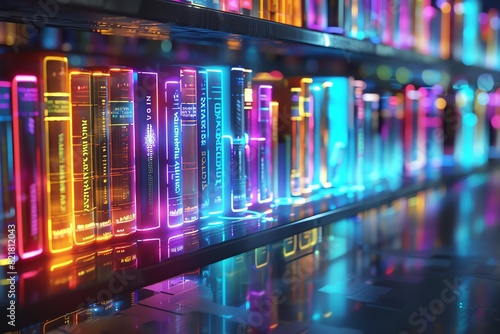 A 3Drendered library of the future featuring interactive holographic books