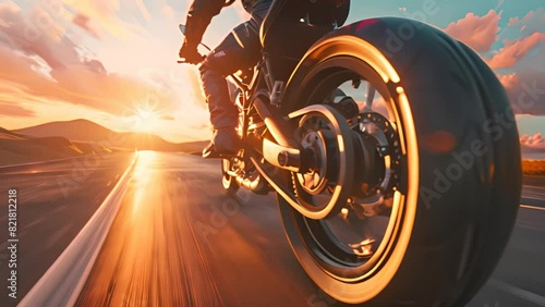 bottom view Professional motorcyclist on the road Ride at high speed around the mountains at sunset. Concept 3D render background  photo